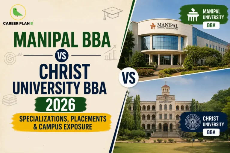 Career Plan B infographic comparing Manipal University BBA and Christ University BBA 2026, highlighting specializations, placements, campus exposure, academic experience, and career opportunities for undergraduate management aspirants.