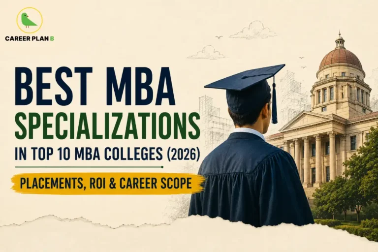 Career Plan B infographic showcasing the best MBA specializations in India's top 10 MBA colleges for 2026, highlighting placements, ROI, salary potential, and career scope across leading management domains.
