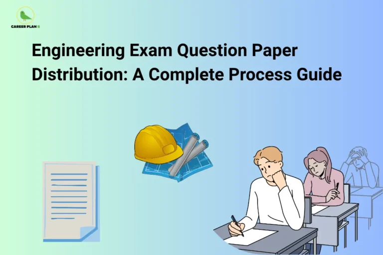 Engineering exam question paper illustration with blueprint, hard hat, students writing exams, and Career Plan B logo.