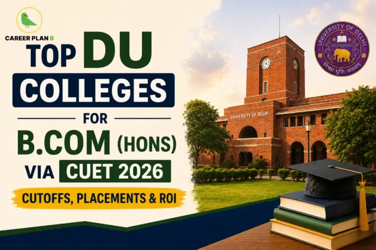 Career Plan B infographic highlighting the top Delhi University colleges for B.Com (Hons) through CUET 2026, featuring expected cutoffs, placements, return on investment (ROI), and admission insights for commerce aspirants.