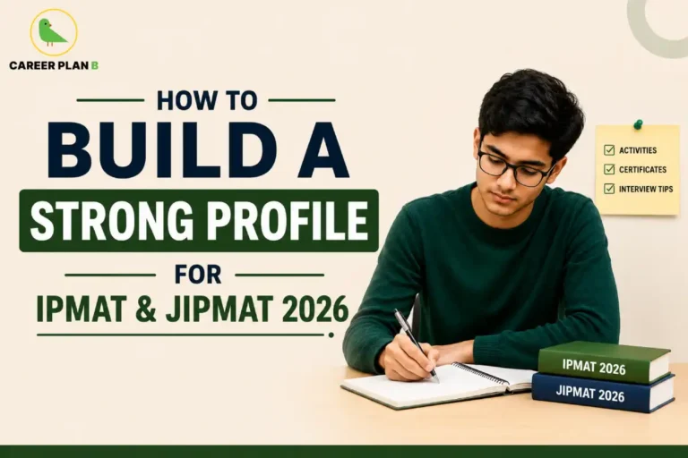 Career Plan B infographic showing how to build a strong profile for IPMAT and JIPMAT 2026 through extracurricular activities, online certifications, leadership experience, academic achievements, and interview preparation for IIM IPM admissions.