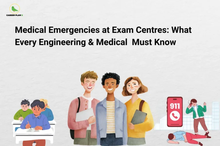 Students, emergency phone, and collapsed person illustration with Career Plan B logo for exam centre safety.