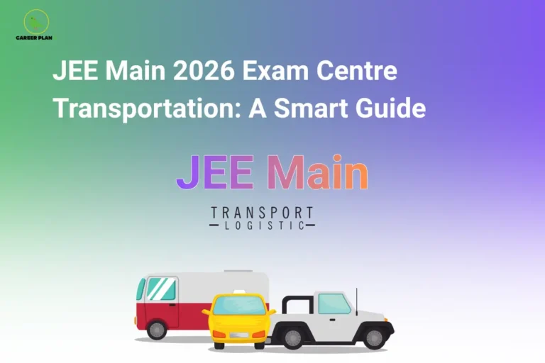 JEE Main transport logistics graphic with vehicles and Career Plan B logo on gradient background.