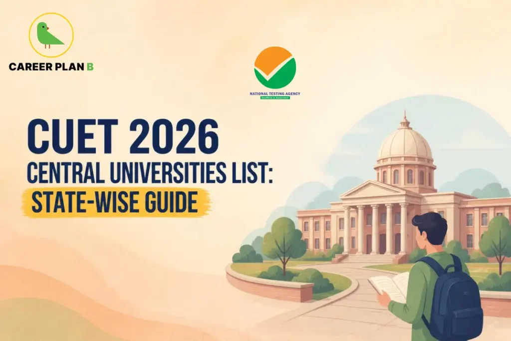 Banner text detailing CUET 2026 central universities list state-wise guide, featuring an NTA logo and a student reading a book outside a central university building.
