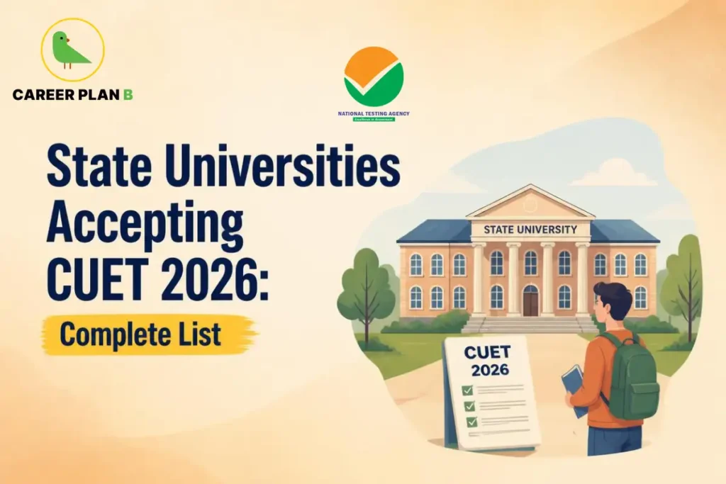 Banner text highlighting state universities accepting CUET 2026 with a complete list, alongside an NTA logo, a student looking at a state university, and a CUET 2026 sign board.