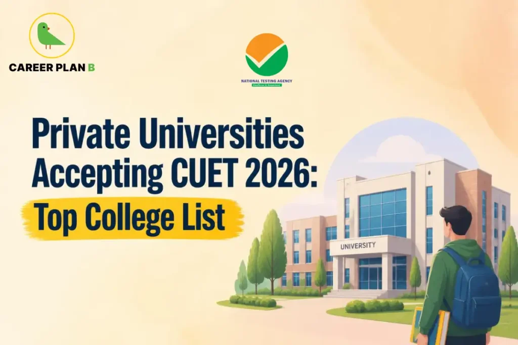 Banner text detailing private universities accepting CUET 2026 with a top college list, featuring an NTA logo and a student standing outside a modern university building.