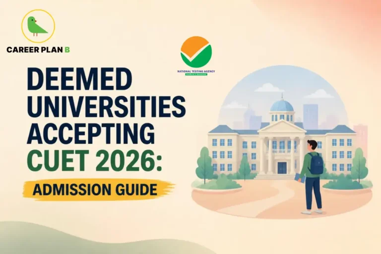 Banner text detailing deemed universities accepting CUET 2026 admission guide, with an NTA logo and a student facing a university campus building.