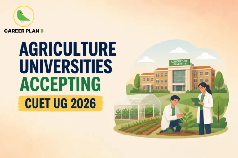 Banner text highlighting agriculture universities accepting CUET UG 2026, featuring students and researchers inspecting crops outside an agricultural university building.
