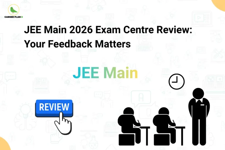 JEE Main exam centre review graphic with feedback button, students, supervisor, and Career Plan B logo.