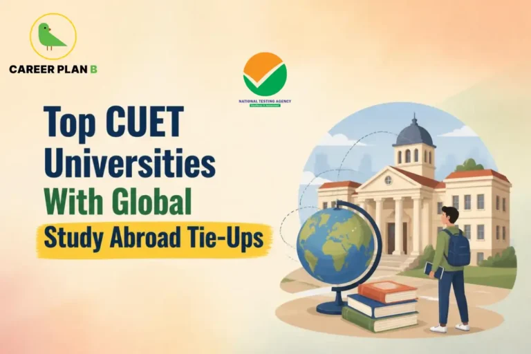 Banner text highlighting top CUET universities with global study abroad tie-ups, featuring an NTA logo, a globe, and a student looking at a university building.