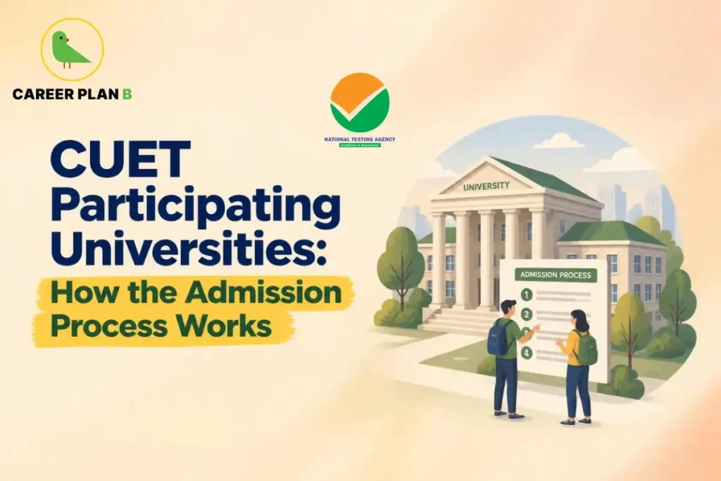 Banner text highlighting CUET participating universities and how the admission process works, with an NTA logo and students reviewing an admission process board outside a university building.