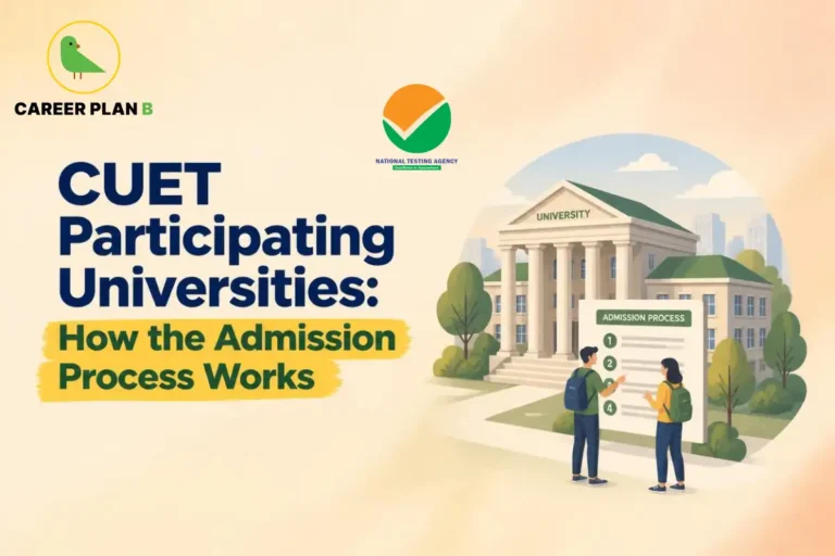 Banner text highlighting CUET participating universities and how the admission process works, with an NTA logo and students reviewing an admission process board outside a university building.