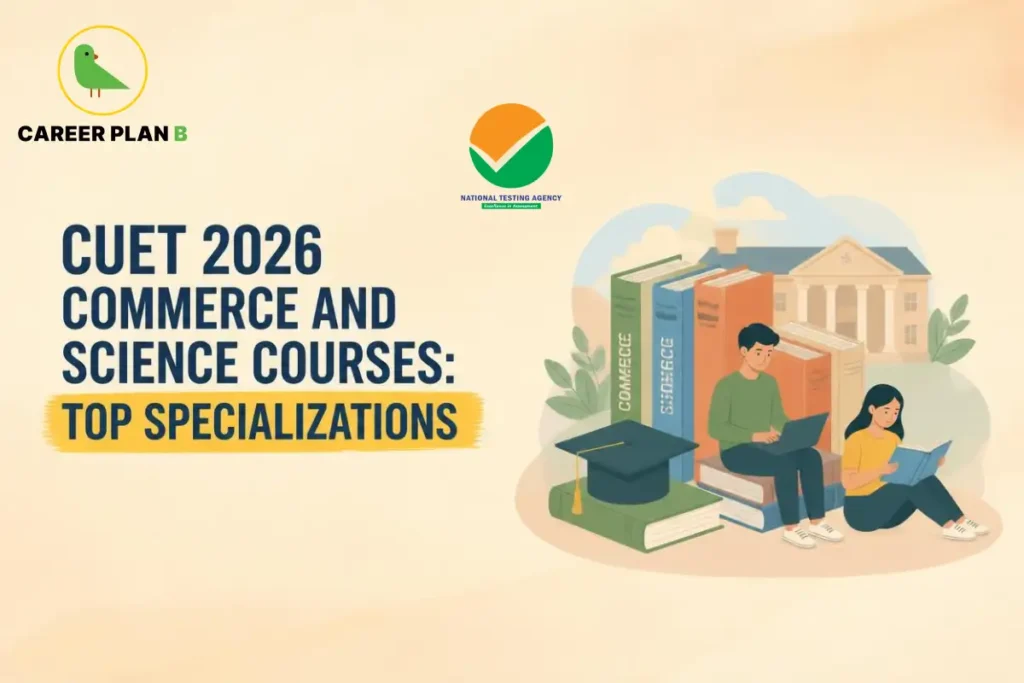 Banner text highlighting CUET 2026 commerce and science courses and top specializations, featuring an NTA logo, students studying among giant books, and a graduation cap.