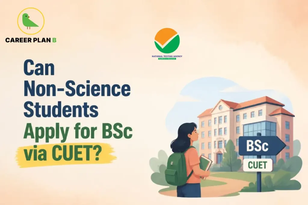 BSc admission through CUET for non-science students, showing a student exploring a college campus.