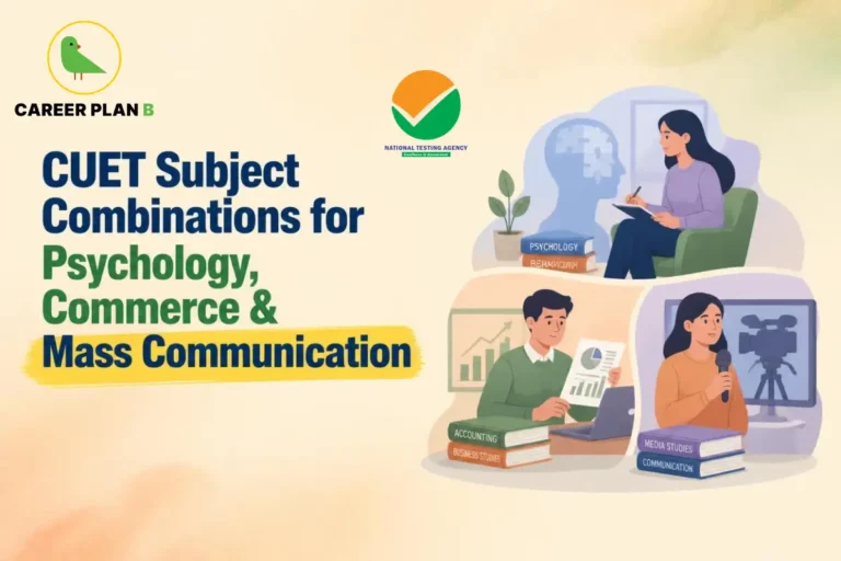 CUET subject combinations for psychology, commerce and mass communication, illustrated with students and study materials.