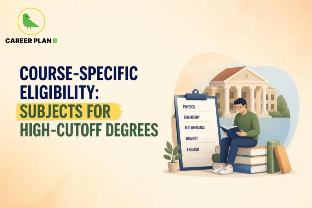 Course-specific eligibility for high-cutoff degrees showing required subjects including Physics, Chemistry, Mathematics and Biology.