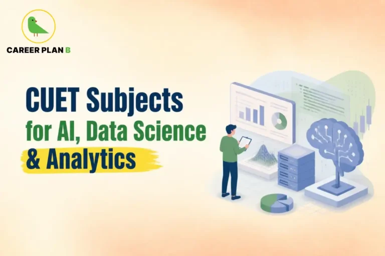 CUET subjects for AI, data science and analytics illustrated through data visualisations and artificial intelligence technology.