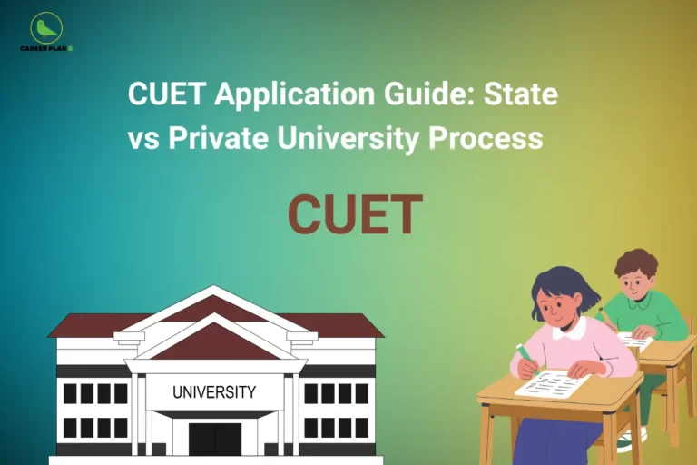The Career Plan B logo, featuring a green bird inside a yellow circle, appears in the top-left corner. The image headline reads "CUET Application Guide: State vs Private University Process" in large, bold white text on a blue-to-green gradient background. The word "CUET" is prominently displayed at the center, highlighting the entrance examination. On the left, a university building symbolizes higher education institutions participating in the admission process. On the right, two students are shown writing an examination, representing applicants appearing for CUET and preparing for university admissions. The overall design promotes a guide comparing the CUET application and admission processes followed by state and private universities, helping students understand eligibility requirements, application steps, counseling procedures, and key differences between the two admission pathways.