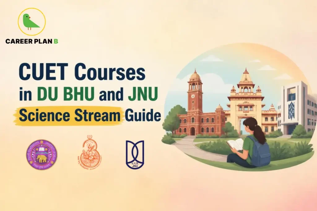CUET science courses in DU, BHU and JNU featuring university campuses and a student exploring undergraduate options.