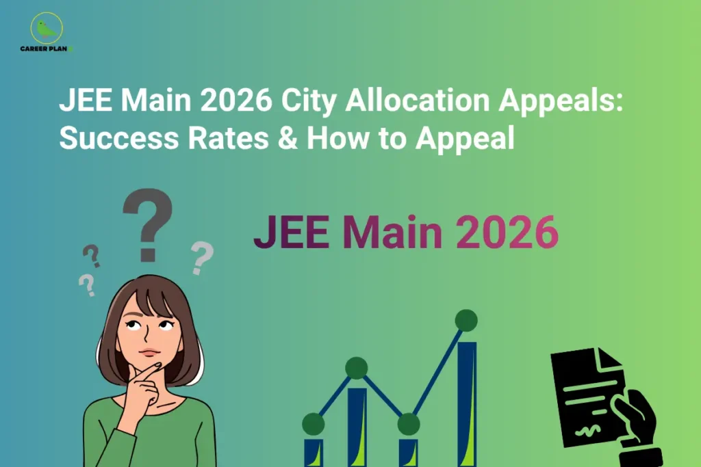 JEE Main 2026 City Allocation Appeals: Success Rates & How to Appeal – illustration showing a student thinking with question marks, a success rate graph, a document for appeal submission, and the text "JEE Main 2026," highlighting JEE Main City Allocation Appeals, exam city change requests, approval rates, appeal process, and NTA exam city allocation guidelines.