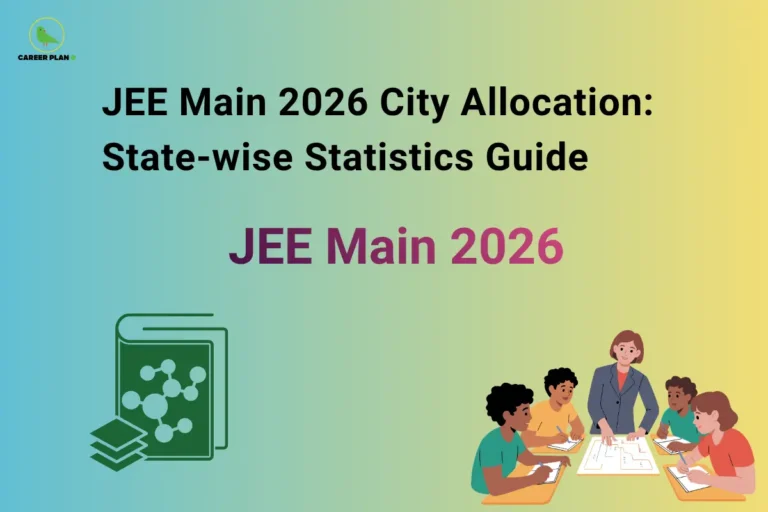 JEE Main 2026 City Allocation: State-wise Statistics Guide – illustration showing the text "JEE Main 2026," a study book representing exam data, and students discussing planning strategies, highlighting JEE Main City Allocation, state-wise statistics, exam city distribution, allocation trends, and JEE Main 2026 exam planning.