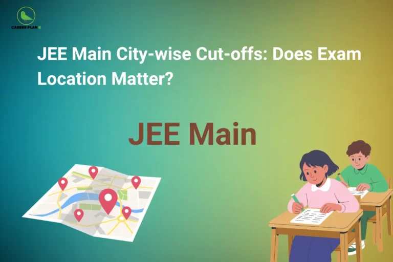 JEE Main City-wise Cut-offs: Does Exam Location Matter? – illustration showing a map with location pins, students taking the JEE Main exam, and the text "JEE Main," highlighting JEE Main City-wise Cut-offs, exam location, city-wise competition, and exam centre selection.