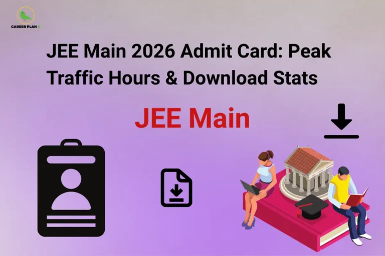 JEE Main 2026 Admit Card: Peak Traffic Hours & Download Stats – illustration showing an admit card ID badge, a download file icon, students preparing for engineering admissions, a download arrow, and the text "JEE Main," highlighting JEE Main Admit Card Download, peak traffic hours, download statistics, server load, and admit card download tips.