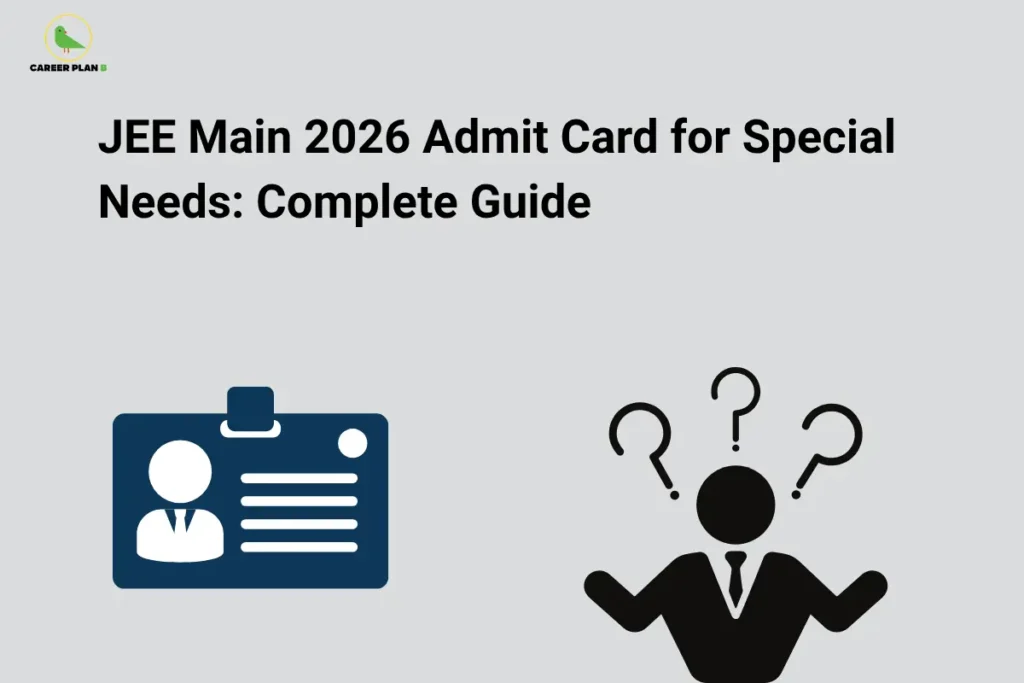 JEE Main 2026 Admit Card for Special Needs: Complete Guide – illustration showing an admit card ID badge, a student with question marks representing assistance and guidance, and the title "JEE Main 2026 Admit Card for Special Needs," highlighting JEE Main Admit Card for Special Needs, PWD accommodations, scribe facility, extra time, accessibility, and exam support.