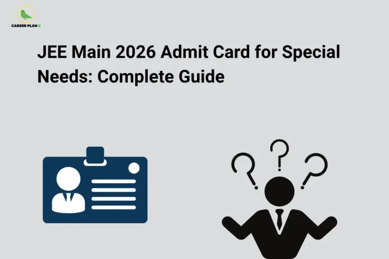 JEE Main 2026 Admit Card for Special Needs: Complete Guide – illustration showing an admit card ID badge, a student with question marks representing assistance and guidance, and the title "JEE Main 2026 Admit Card for Special Needs," highlighting JEE Main Admit Card for Special Needs, PWD accommodations, scribe facility, extra time, accessibility, and exam support.