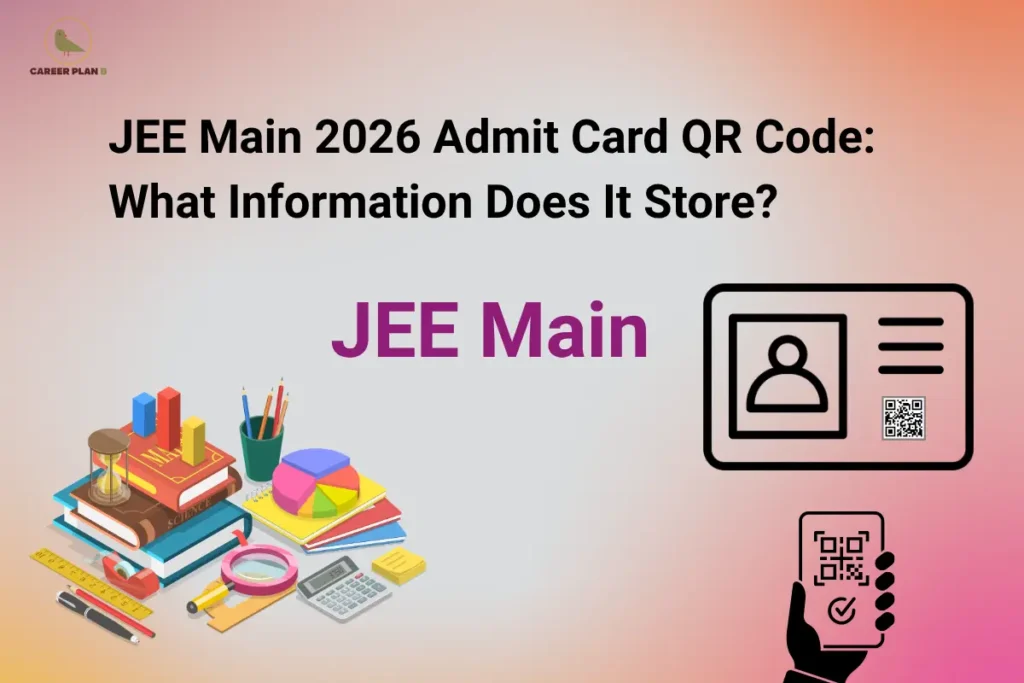 Illustration for "JEE Main 2026 Admit Card QR Code: What Information Does It Store?" showing a JEE Main admit card with a QR code, QR code verification, and student study materials explaining the JEE Main Admit Card QR Code and the information stored for candidate verification.