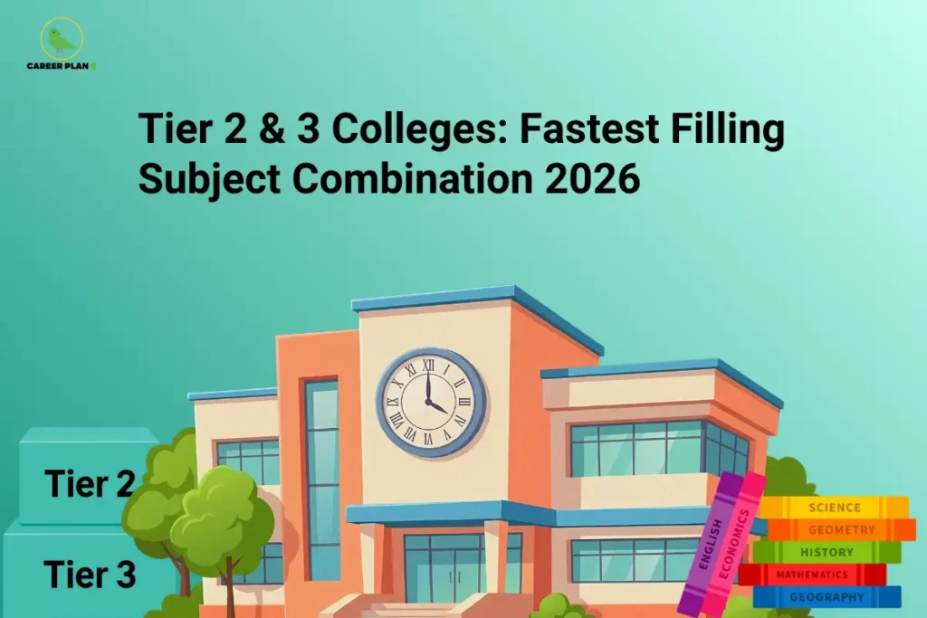 The Career Plan B logo appears in the top-left corner. The headline reads "Tier 2 & 3 Colleges: Fastest Filling Subject Combination 2026" in large, bold black text on a teal-to-light-green gradient background. In the center is a modern academic building with a large clock above the main entrance, symbolizing college admissions and time-sensitive seat allocation. On the left, stacked labels reading "Tier 2" and "Tier 3" highlight the focus on regional and emerging colleges. On the bottom right, a stack of colorful books labeled English, Economics, Science, Geometry, History, Mathematics, and Geography represents different subject combinations available to students. The clean, informative design visually represents a guide explaining which subject combinations are expected to fill the fastest in Tier 2 and Tier 3 colleges during the 2026 admission cycle, helping students make timely counseling decisions.