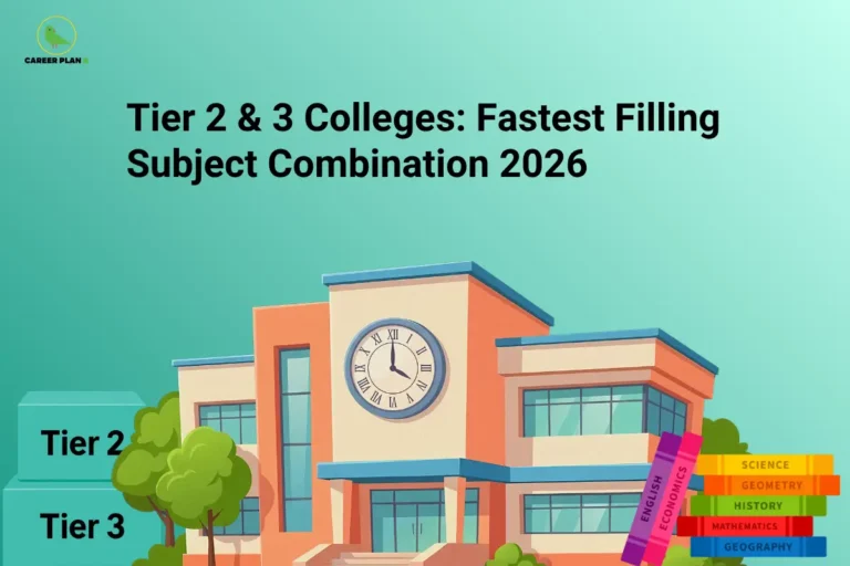 The Career Plan B logo appears in the top-left corner. The headline reads "Tier 2 & 3 Colleges: Fastest Filling Subject Combination 2026" in large, bold black text on a teal-to-light-green gradient background. In the center is a modern academic building with a large clock above the main entrance, symbolizing college admissions and time-sensitive seat allocation. On the left, stacked labels reading "Tier 2" and "Tier 3" highlight the focus on regional and emerging colleges. On the bottom right, a stack of colorful books labeled English, Economics, Science, Geometry, History, Mathematics, and Geography represents different subject combinations available to students. The clean, informative design visually represents a guide explaining which subject combinations are expected to fill the fastest in Tier 2 and Tier 3 colleges during the 2026 admission cycle, helping students make timely counseling decisions.