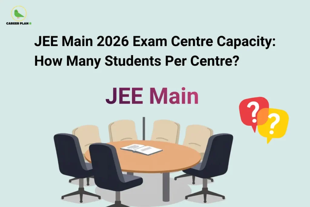 Featured image for "JEE Main 2026 Exam Centre Capacity: How Many Students Per Centre?" illustrating JEE Main Exam Centre Capacity with an exam hall meeting table, seating arrangement, and student capacity concept explaining how many students are accommodated at each JEE Main exam centre.