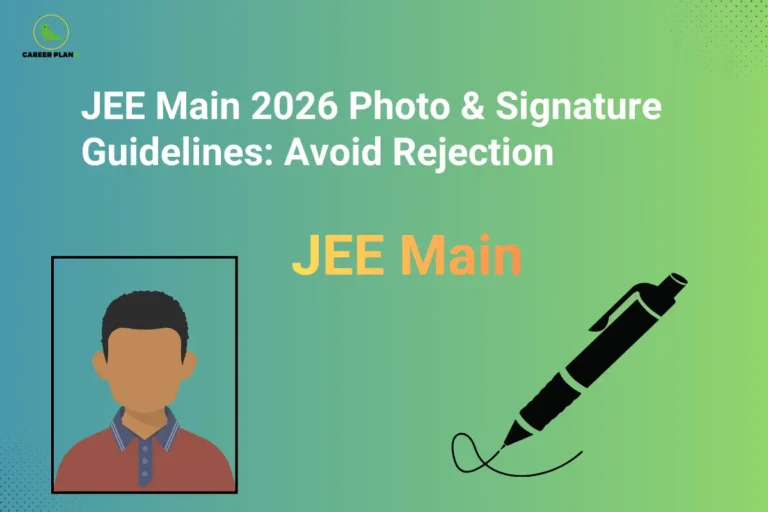Featured image for "JEE Main 2026 Photo & Signature Guidelines: Avoid Rejection" illustrating the JEE Main Photo & Signature Guidelines with a passport-size photograph and signature icon, explaining NTA photo specifications, signature upload requirements, file size, dimensions, and document guidelines to avoid rejection during JEE Main 2026 registration.