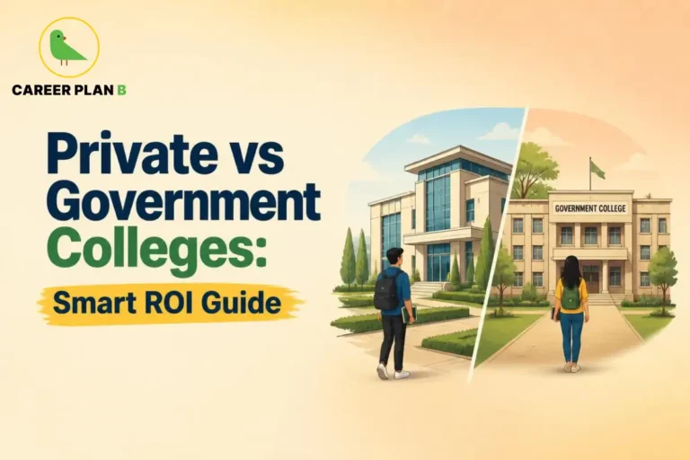 A graphic titled Private vs Government Colleges by Career Plan B, showing two students walking toward separate campuses