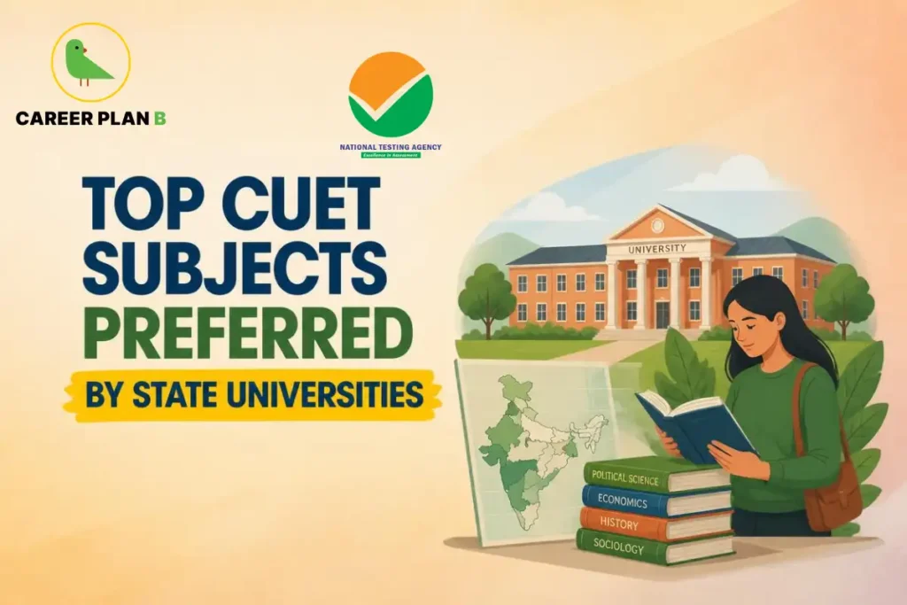 An illustration of a student reading near a university building, featuring text and the Career Plan B logo.