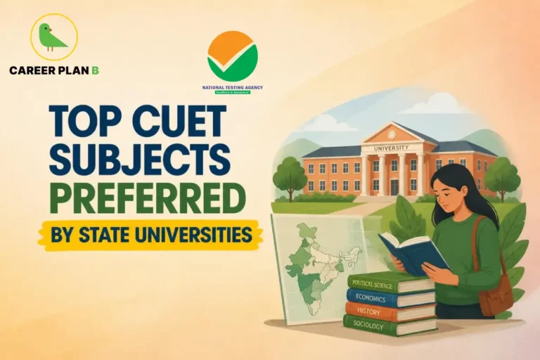 An illustration of a student reading near a university building, featuring text and the Career Plan B logo.