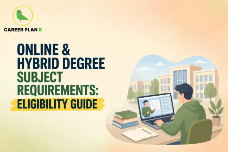Illustration of a person using a laptop with text about online degree eligibility by Career Plan B.