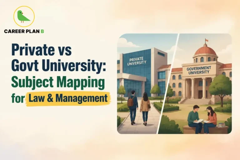 Illustration of private and government university buildings side by side with the Career Plan B logo.