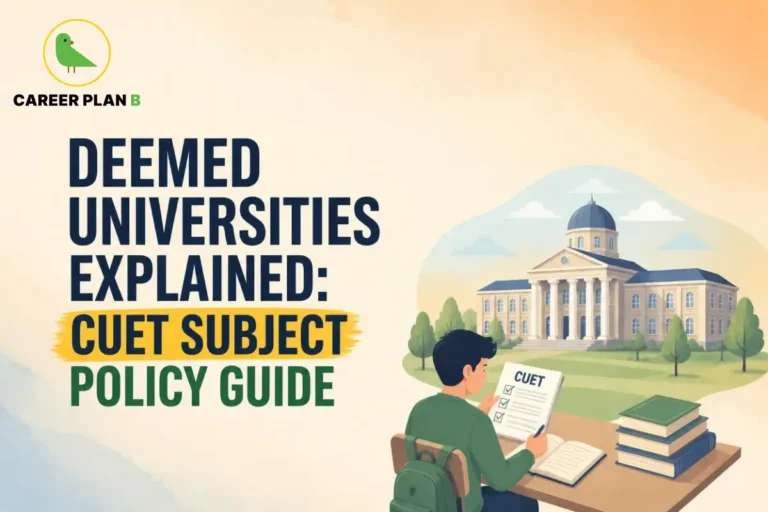 Illustration of a person studying near a university building, featuring the Career Plan B logo.