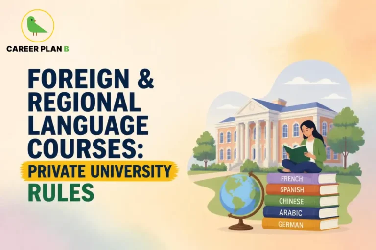 Illustration of a woman reading atop stacked language books near a globe, featuring the Career Plan B logo