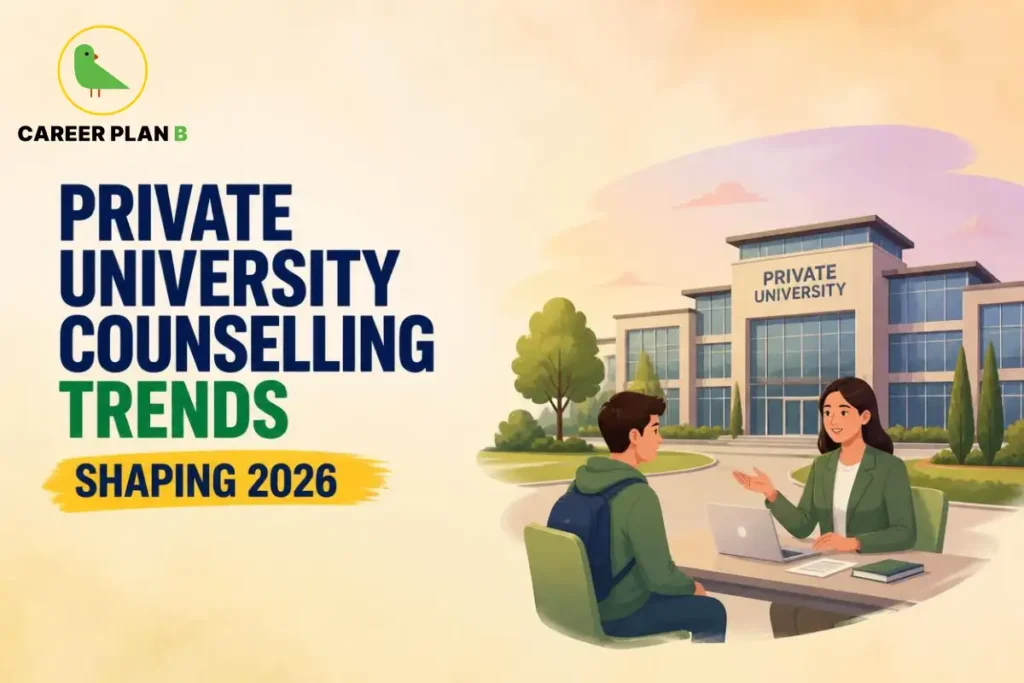 Illustration of a student discussing with an advisor outside a university building, featuring the Career Plan B logo