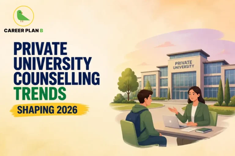 Illustration of a student discussing with an advisor outside a university building, featuring the Career Plan B logo
