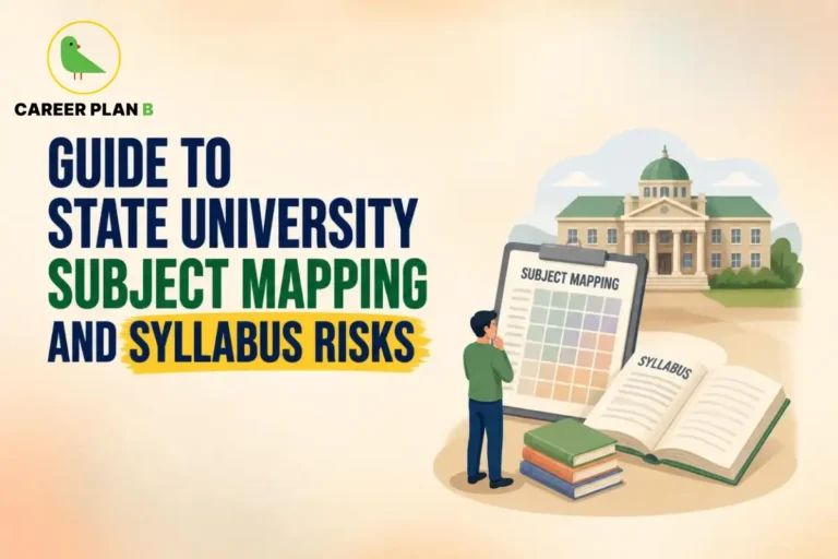 Educational guide covering university subject mapping and potential syllabus risks, displayed alongside the Career Plan B logo.