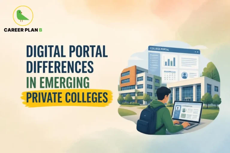 Illustration of a student using a laptop near college buildings, featuring the Career Plan B logo.