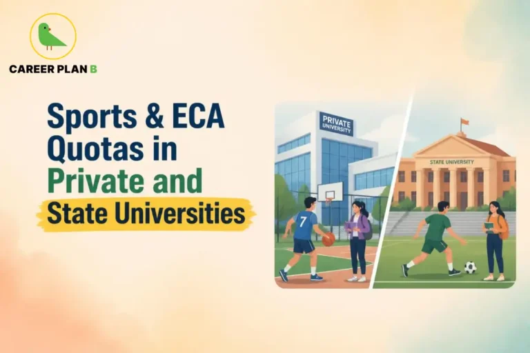 Guide exploring sports quota admissions in private and state universities, displayed with the Career Plan B logo.