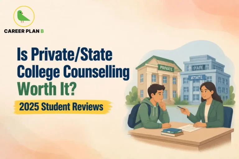 Illustration of a student discussing plans with an advisor near university buildings, with the Career Plan B logo