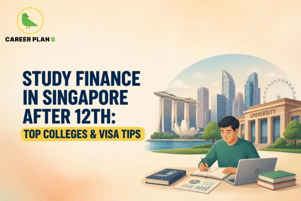 Career Plan B infographic on studying Finance in Singapore after Class 12, featuring Singapore's skyline, a university campus, and a student. It highlights top colleges, admission guidance, and Student's Pass visa tips for Indian students.