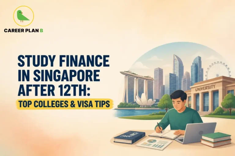 Career Plan B infographic on studying Finance in Singapore after Class 12, featuring Singapore's skyline, a university campus, and a student. It highlights top colleges, admission guidance, and Student's Pass visa tips for Indian students.