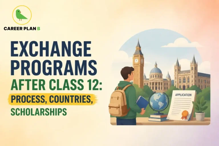 Career Plan B infographic on exchange programs after Class 12, featuring a student, international landmarks, and study abroad elements. It highlights application processes, popular study destinations, scholarships, and international education pathways for Indian students.